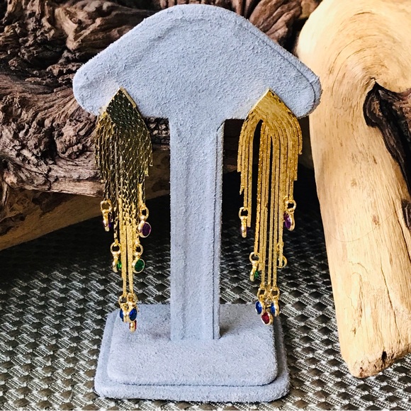 Vintage 80’s Costume Gold Tone Cascading Tassel Fringe 3 Inch Post Earrings - Picture 9 of 12